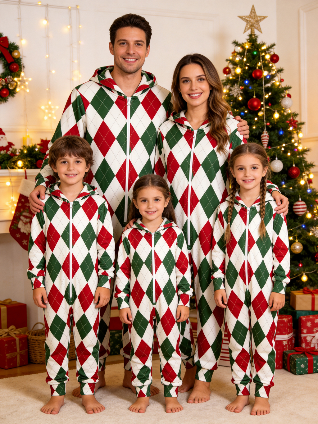 Family Hooded Onesie Christmas Zip-Up Loungewear - Festive Red & Green Argyle Diamond Pajamas