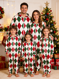 Family Hooded Onesie Christmas Zip-Up Loungewear - Festive Red & Green Argyle Diamond Pajamas