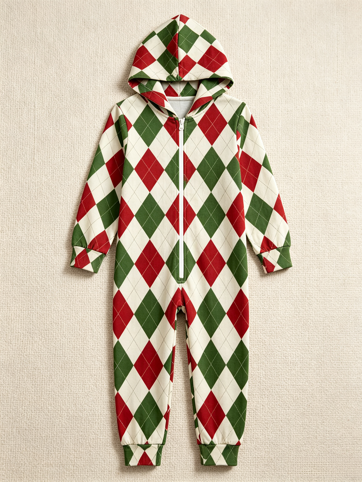 Family Hooded Onesie Christmas Zip-Up Loungewear - Festive Red & Green Argyle Diamond Pajamas