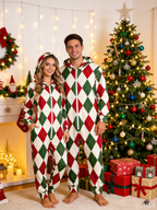 Women Hooded Onesie Christmas Zip-Up Loungewear - Festive Red & Green Argyle Diamond Pajamas