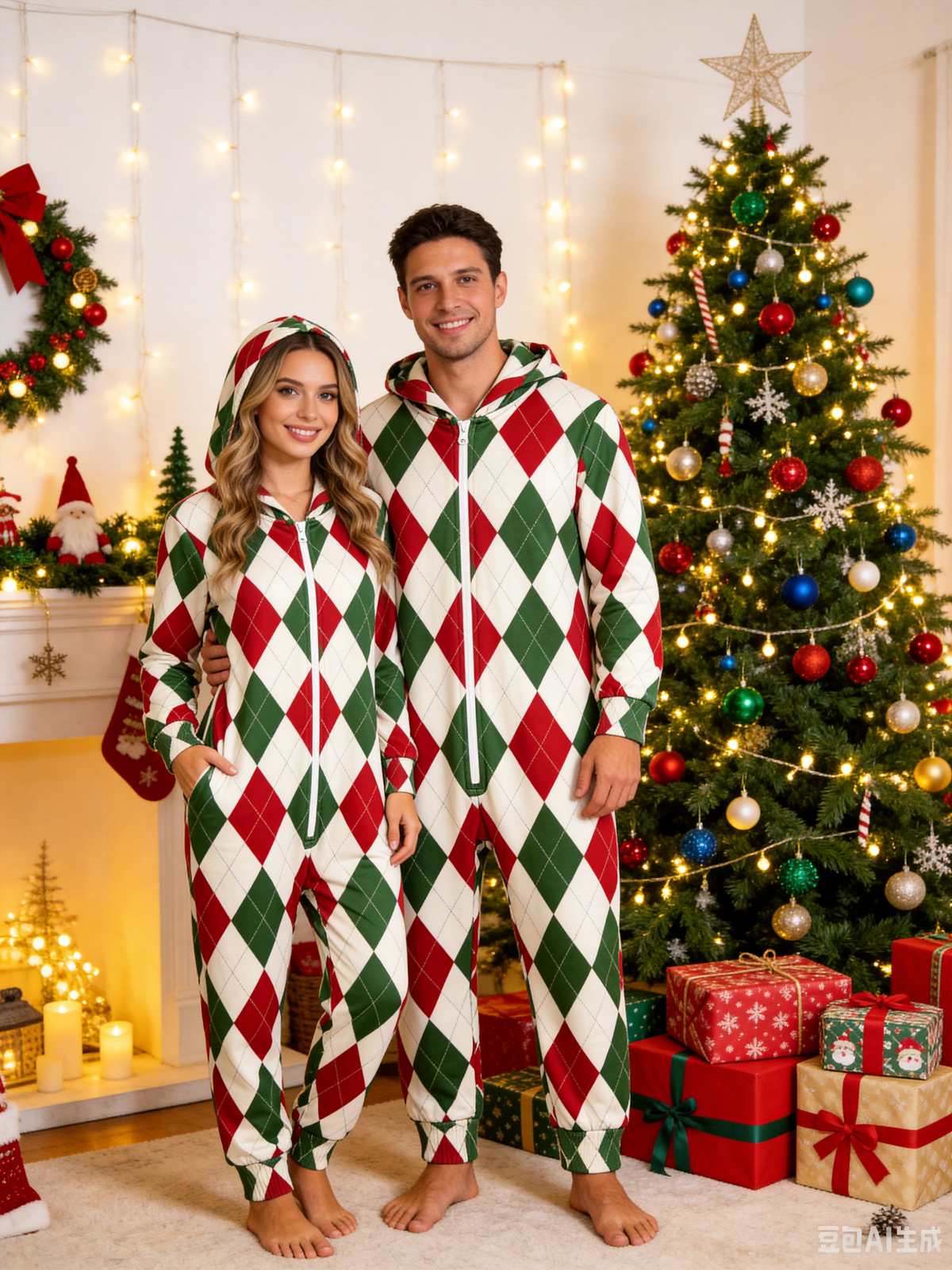 Women Hooded Onesie Christmas Zip-Up Loungewear - Festive Red & Green Argyle Diamond Pajamas