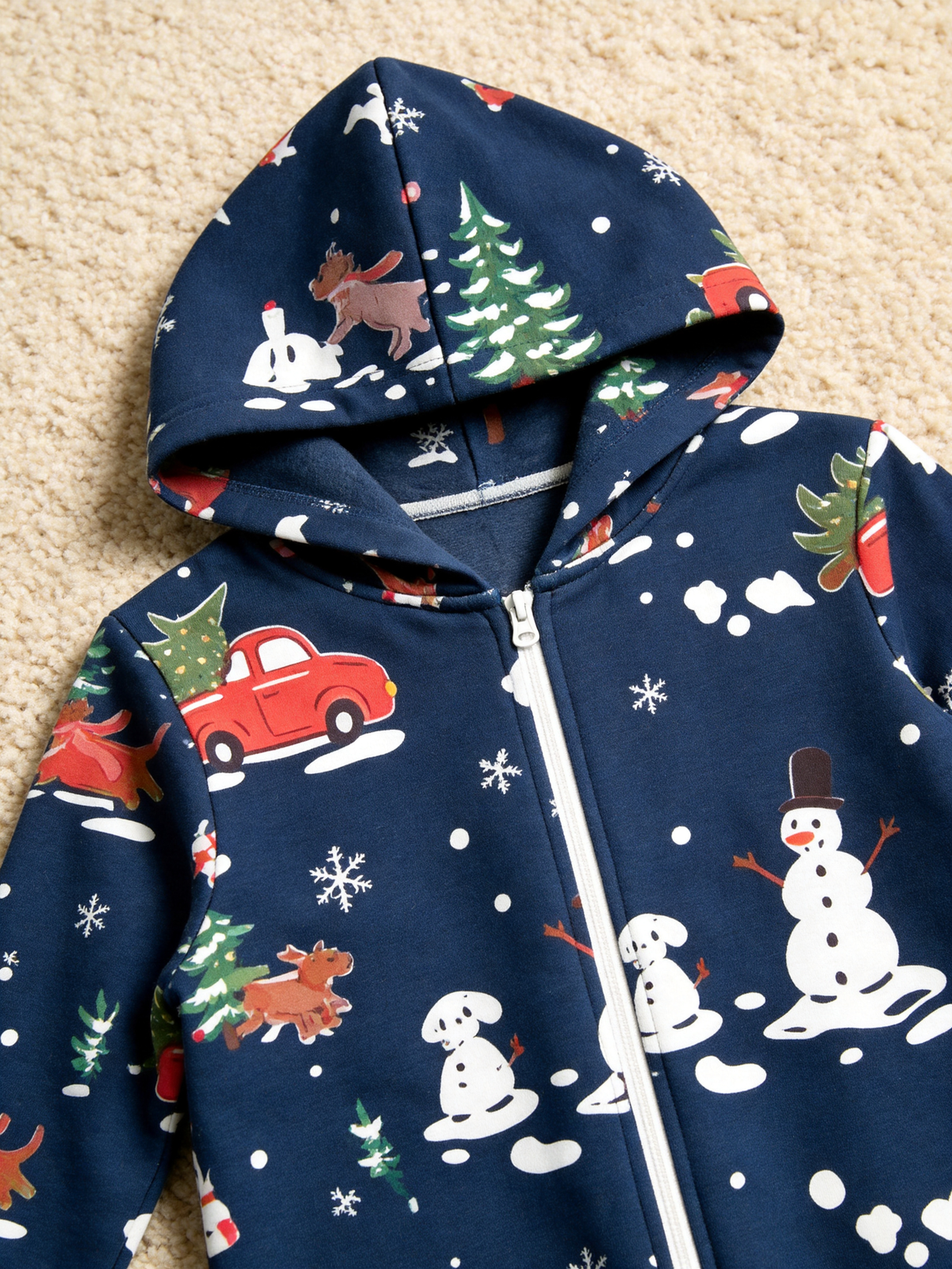 Holiday Snowman & Red Truck Navy Hooded Jumpsuit Women Sleepwear