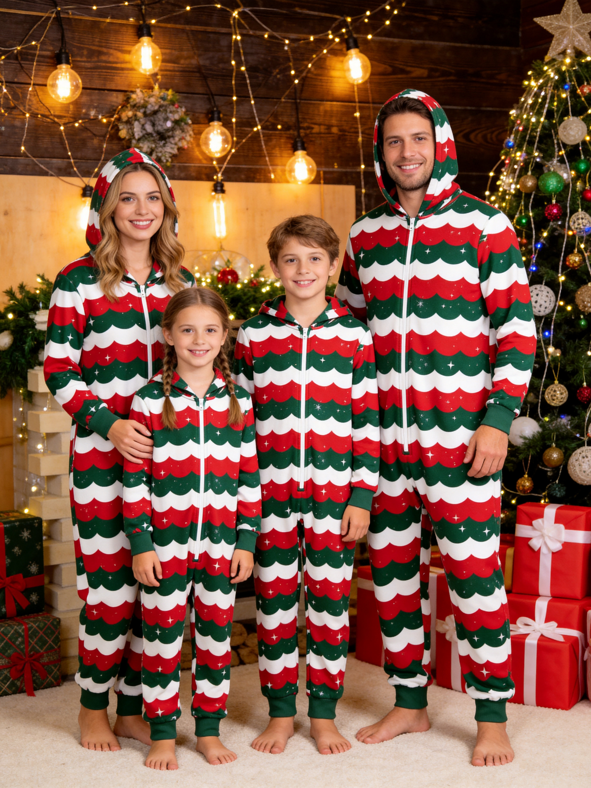 Festive Red & Green Scallop Wave Christmas Family Hooded Onesie - Zip-Up Loungewear
