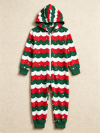 Festive Red & Green Scallop Wave Christmas Women Hooded Onesie - Zip-Up Loungewear