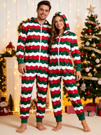 Festive Red & Green Scallop Wave Christmas Women Hooded Onesie - Zip-Up Loungewear