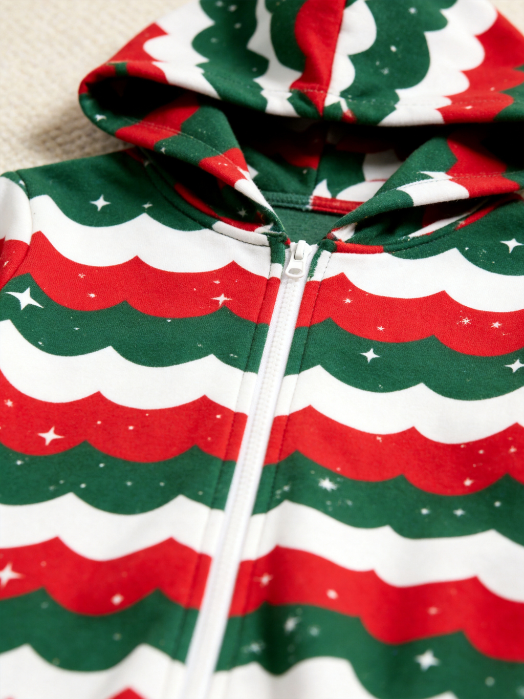 Festive Red & Green Scallop Wave Christmas Women Hooded Onesie - Zip-Up Loungewear