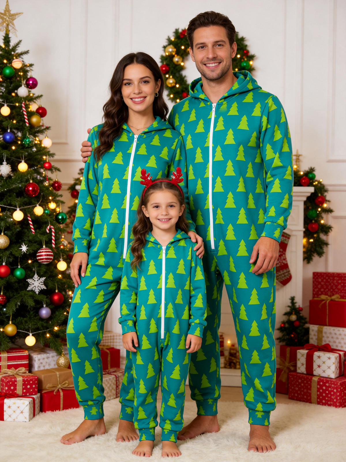 Teal Pine Tree Pattern Christmas Family Hooded Onesie - Cozy Zip-Up Loungewear
