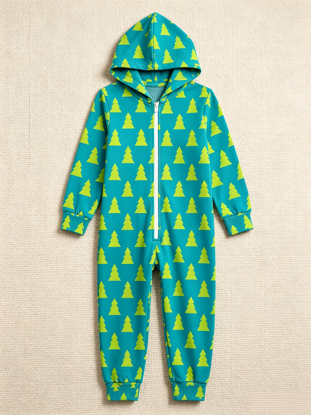 Teal Pine Tree Pattern Christmas Women Hooded Onesie - Cozy Zip-Up Loungewear