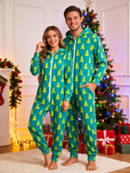 Teal Pine Tree Pattern Christmas Family Hooded Onesie - Cozy Zip-Up Loungewear