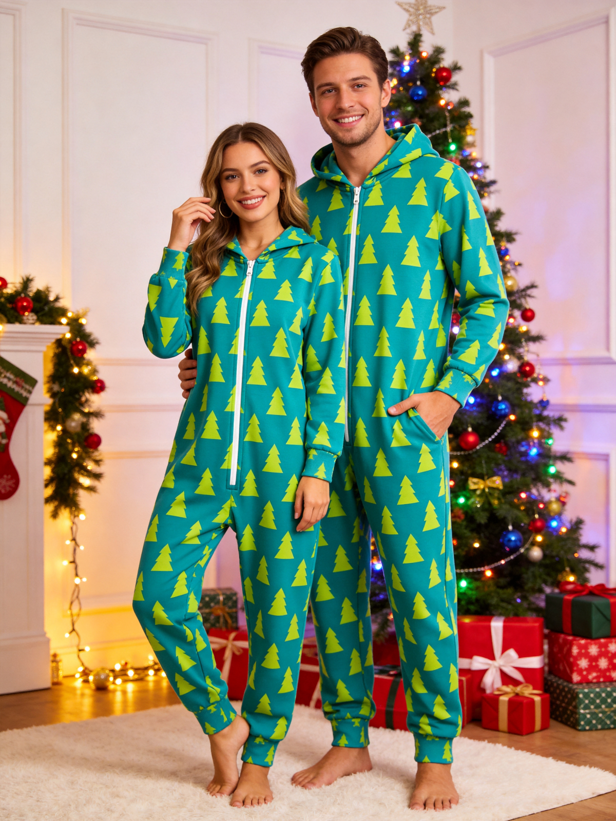 Teal Pine Tree Pattern Christmas Family Hooded Onesie - Cozy Zip-Up Loungewear