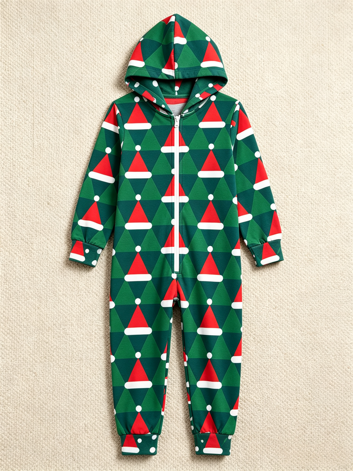 Geometric Santa Hat & Tree Christmas Women Hooded Onesie - Zip-Up Loungewear