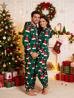 Geometric Santa Hat & Tree Christmas Women Hooded Onesie - Zip-Up Loungewear