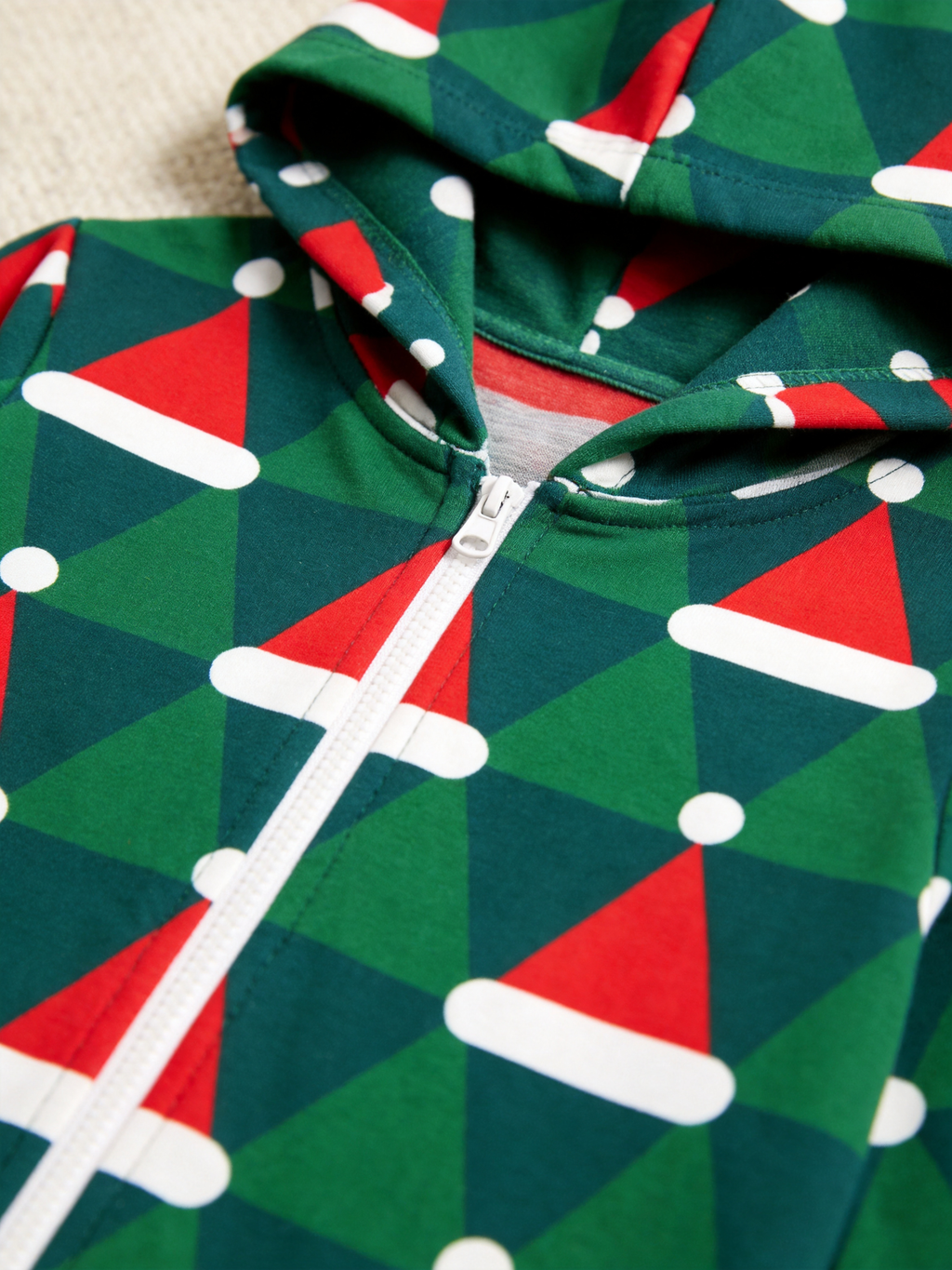 Geometric Santa Hat & Tree Christmas Women Hooded Onesie - Zip-Up Loungewear