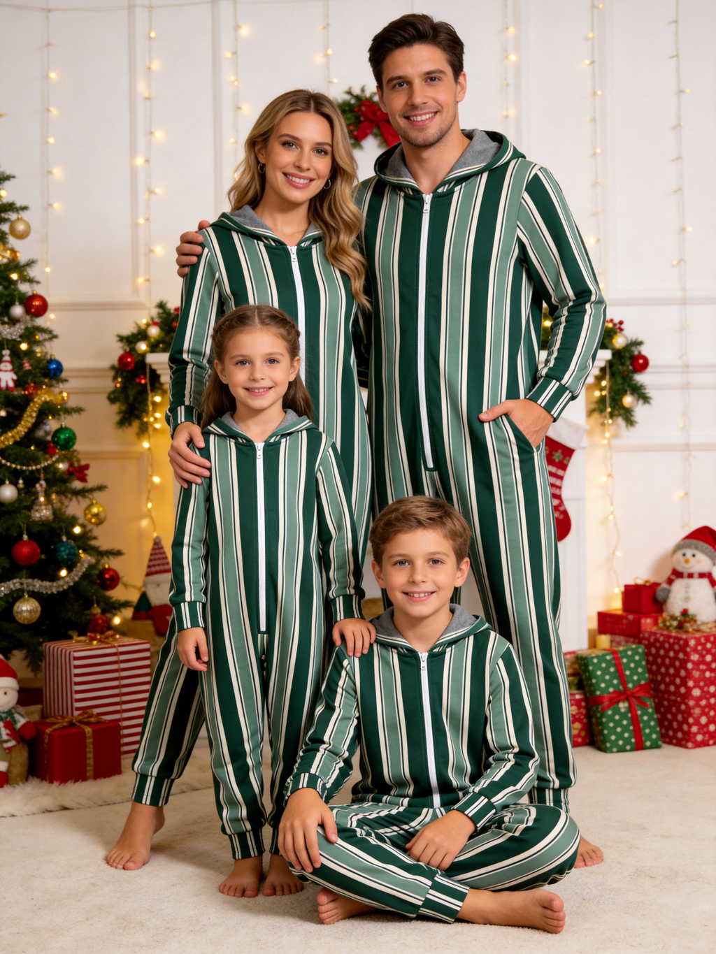 Classic Green Vertical Stripe Christmas Family Hooded Onesie - Zip-Up Loungewear