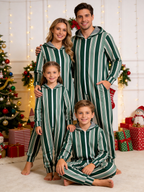 Classic Green Vertical Stripe Christmas Family Hooded Onesie - Zip-Up Loungewear