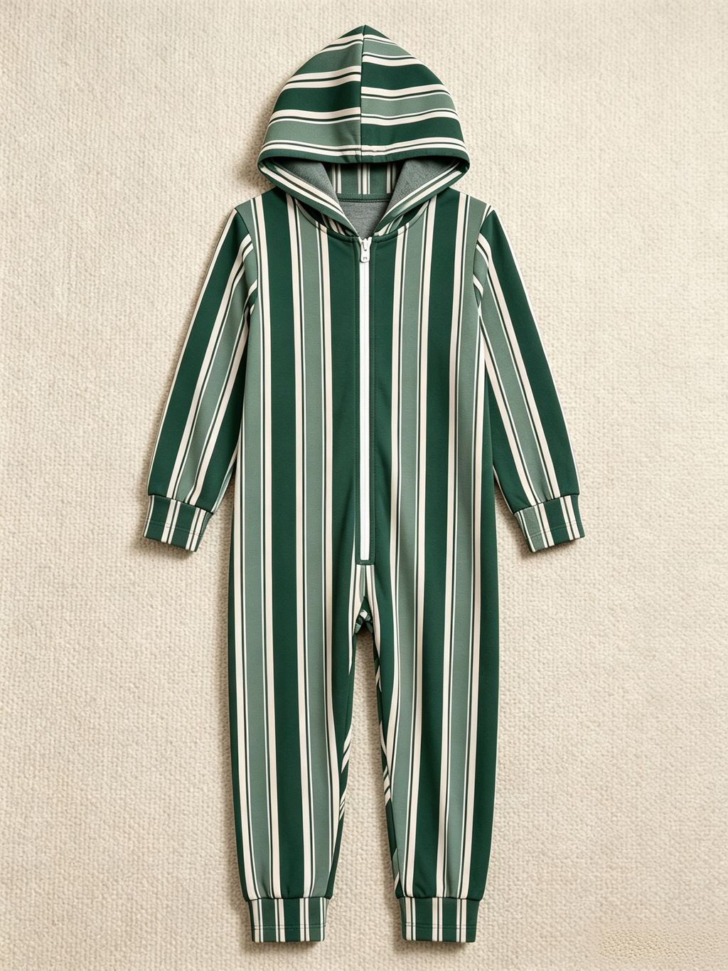 Classic Green Vertical Stripe Christmas Family Hooded Onesie - Zip-Up Loungewear