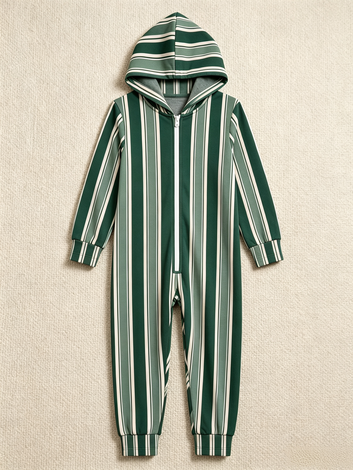 Classic Green Vertical Stripe Christmas Women Hooded Onesie - Zip-Up Loungewear