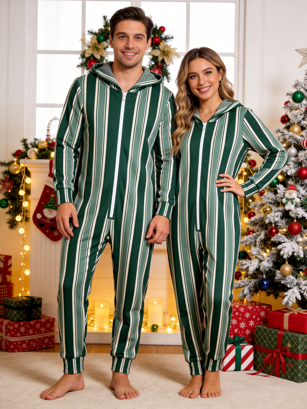 Classic Green Vertical Stripe Christmas Family Hooded Onesie - Zip-Up Loungewear
