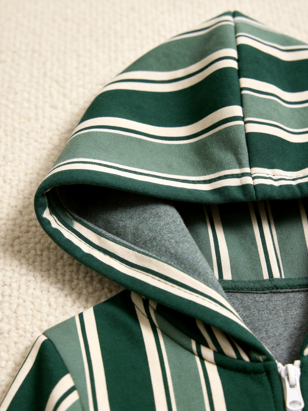 Classic Green Vertical Stripe Christmas Women Hooded Onesie - Zip-Up Loungewear