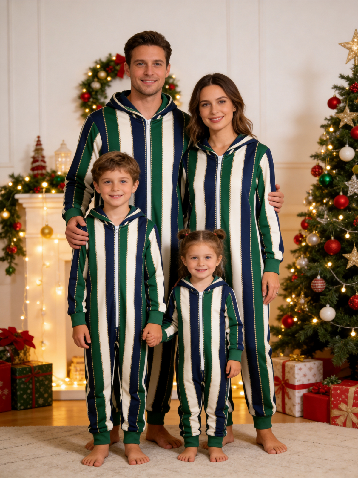 Navy & Green Striped Chain Christmas Family Hooded Onesie - Zip-Up Loungewear