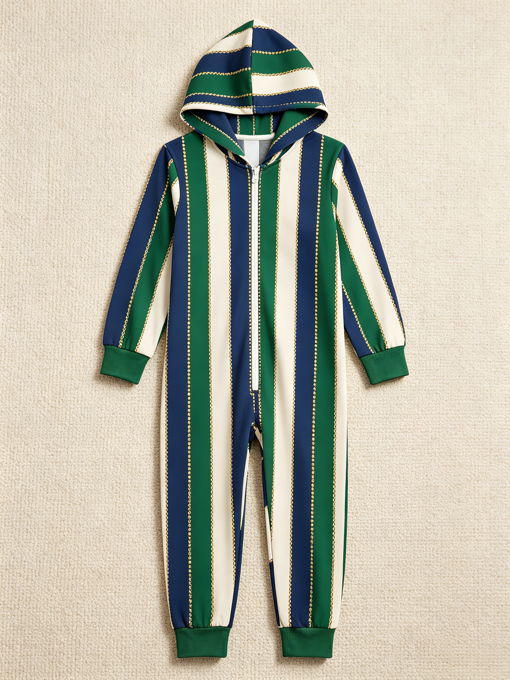 Navy & Green Striped Chain Christmas Women Hooded Onesie - Zip-Up Loungewear