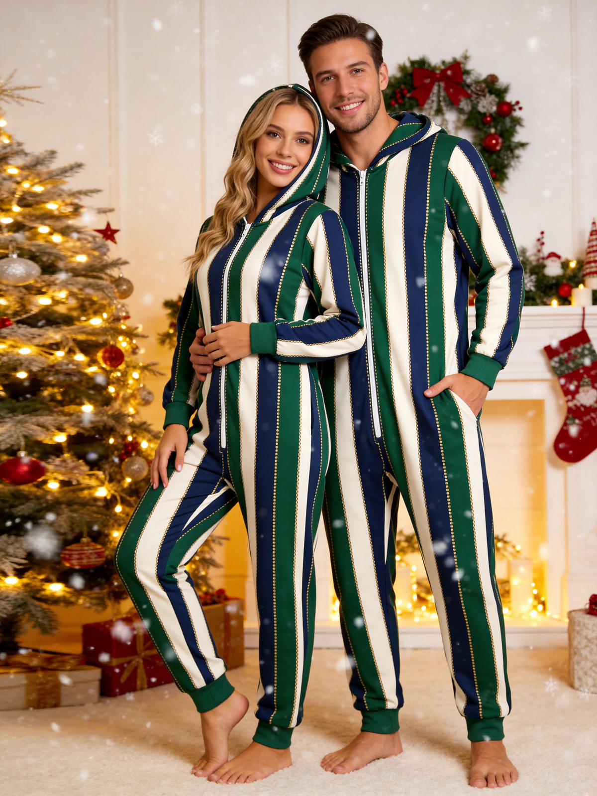 Navy & Green Striped Chain Christmas Family Hooded Onesie - Zip-Up Loungewear