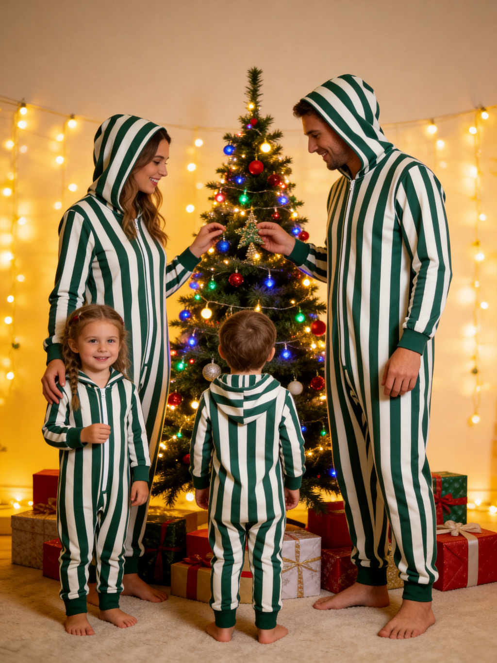 Forest Green & Cream Bold Stripe Christmas Family Hooded Onesie - Zip-Up Loungewear