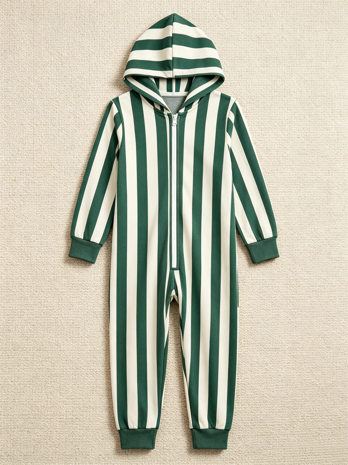 Forest Green & Cream Bold Stripe Christmas Women Hooded Onesie - Zip-Up Loungewear