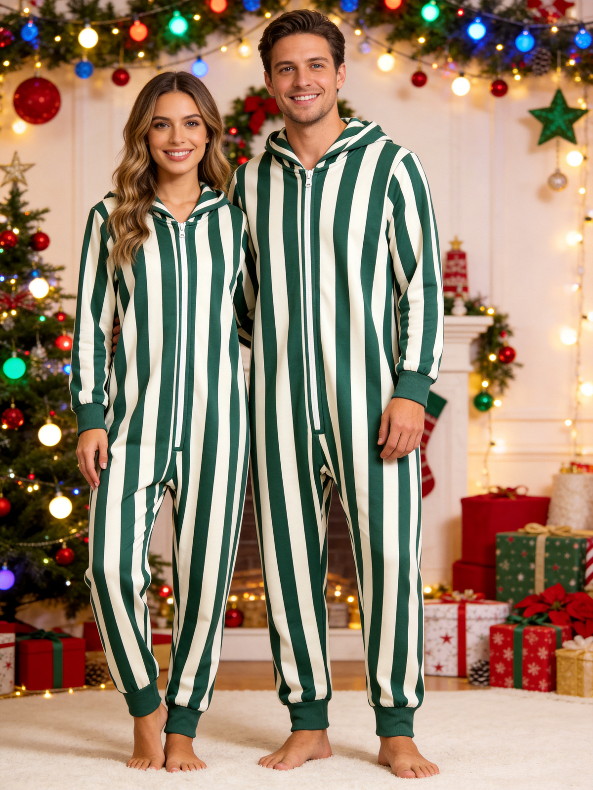 Forest Green & Cream Bold Stripe Christmas Women Hooded Onesie - Zip-Up Loungewear