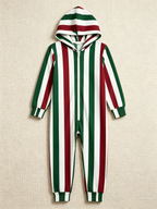 Traditional Red, Green & White Stripe Christmas Women Hooded Onesie - Zip-Up Loungewear