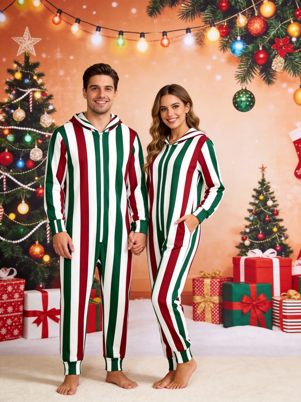 Traditional Red, Green & White Stripe Christmas Family Hooded Onesie - Zip-Up Loungewear