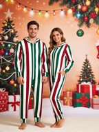 Traditional Red, Green & White Stripe Christmas Family Hooded Onesie - Zip-Up Loungewear