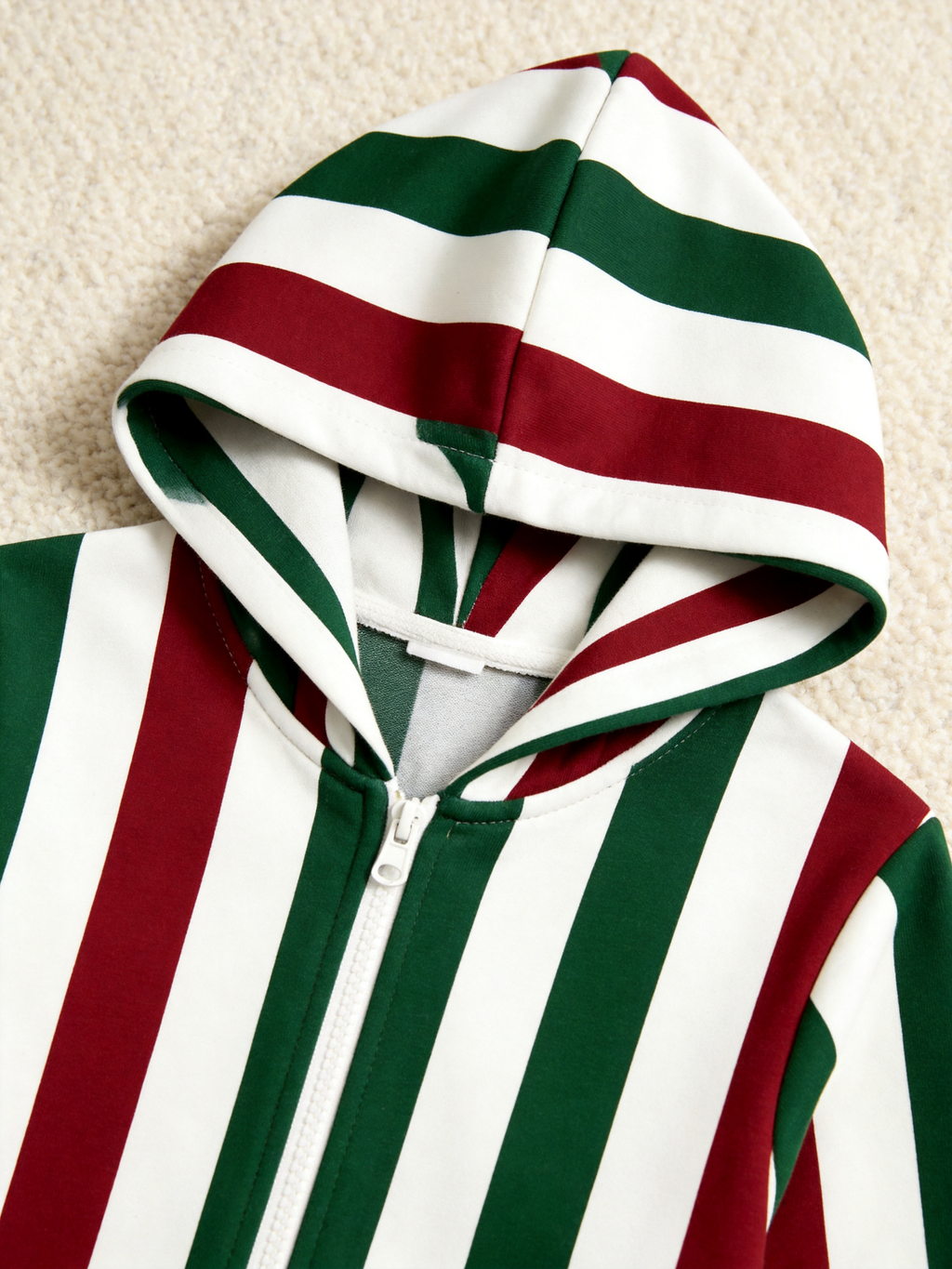 Traditional Red, Green & White Stripe Christmas Women Hooded Onesie - Zip-Up Loungewear