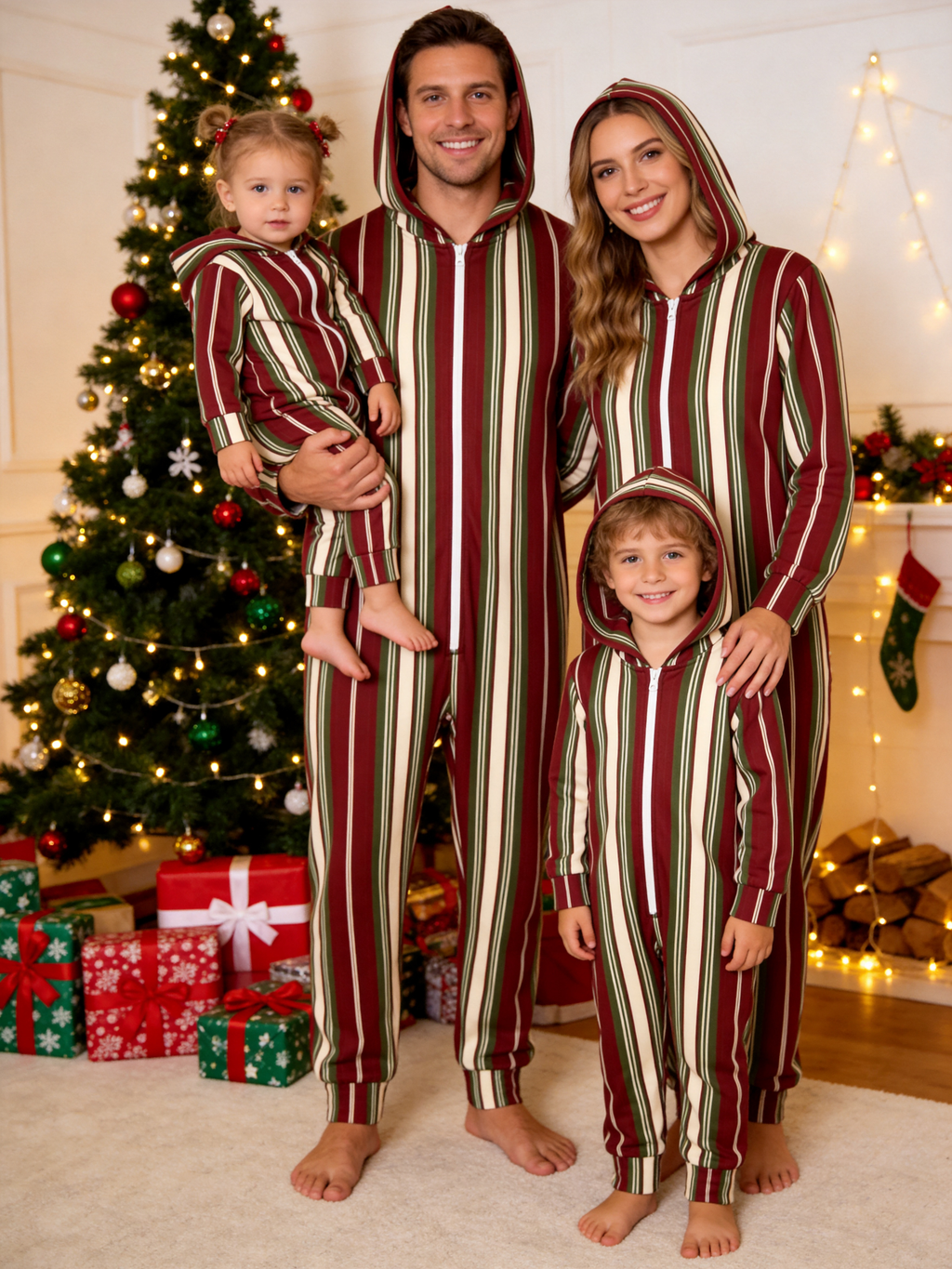 Burgundy & Olive Multi-Stripe Christmas Family Hooded Onesie - Zip-Up Loungewear