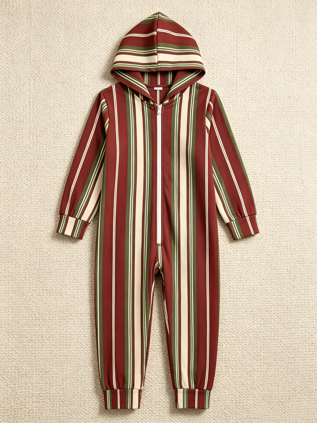 Burgundy & Olive Multi-Stripe Christmas Women Hooded Onesie - Zip-Up Loungewear