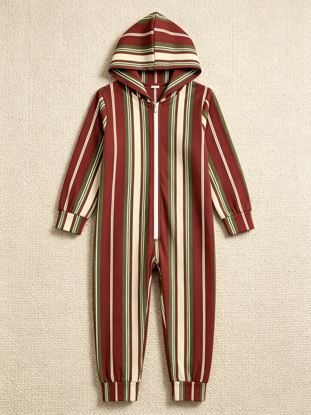 Burgundy & Olive Multi-Stripe Christmas Women Hooded Onesie - Zip-Up Loungewear