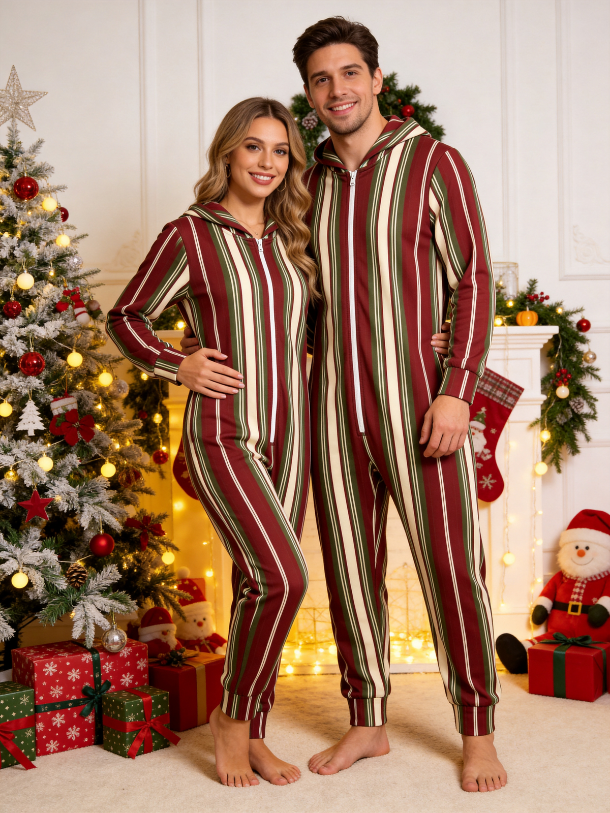 Burgundy & Olive Multi-Stripe Christmas Family Hooded Onesie - Zip-Up Loungewear