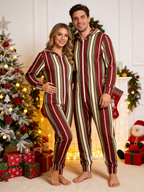 Burgundy & Olive Multi-Stripe Christmas Women Hooded Onesie - Zip-Up Loungewear