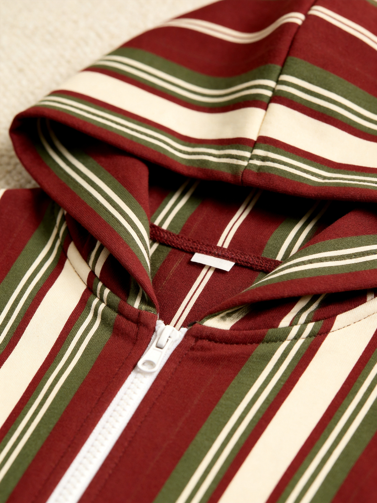 Burgundy & Olive Multi-Stripe Christmas Women Hooded Onesie - Zip-Up Loungewear