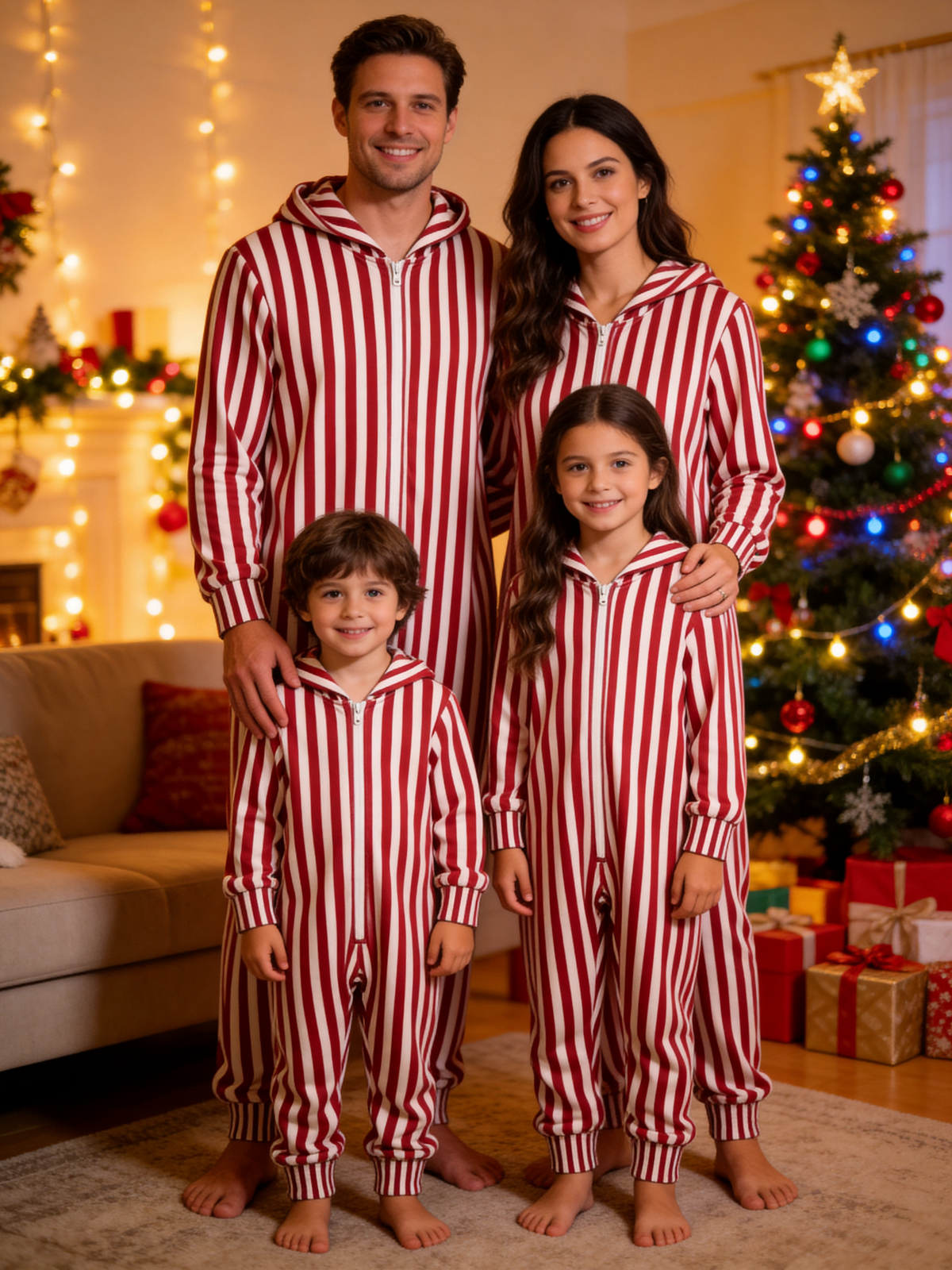 Burgundy & White Candy Cane Stripe Christmas Family Hooded Onesie - Zip-Up Loungewear