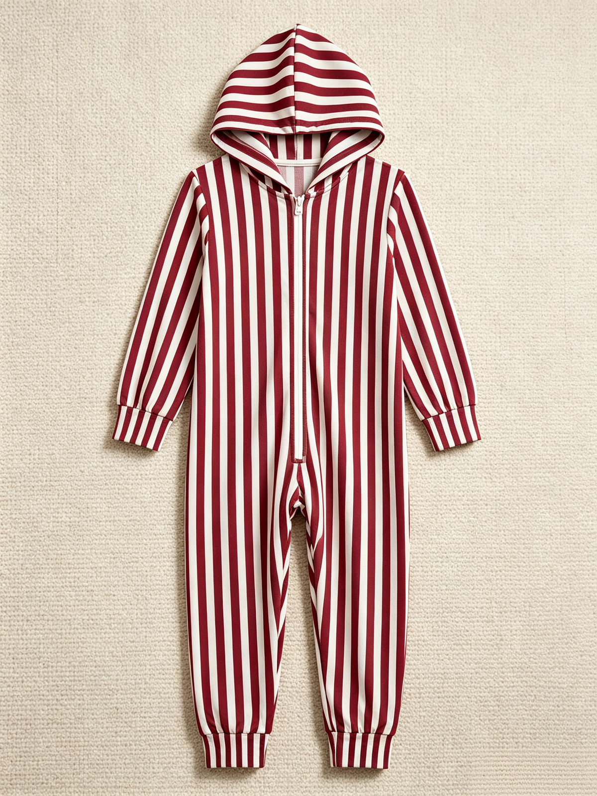 Burgundy & White Candy Cane Stripe Christmas Women Hooded Onesie - Zip-Up Loungewear
