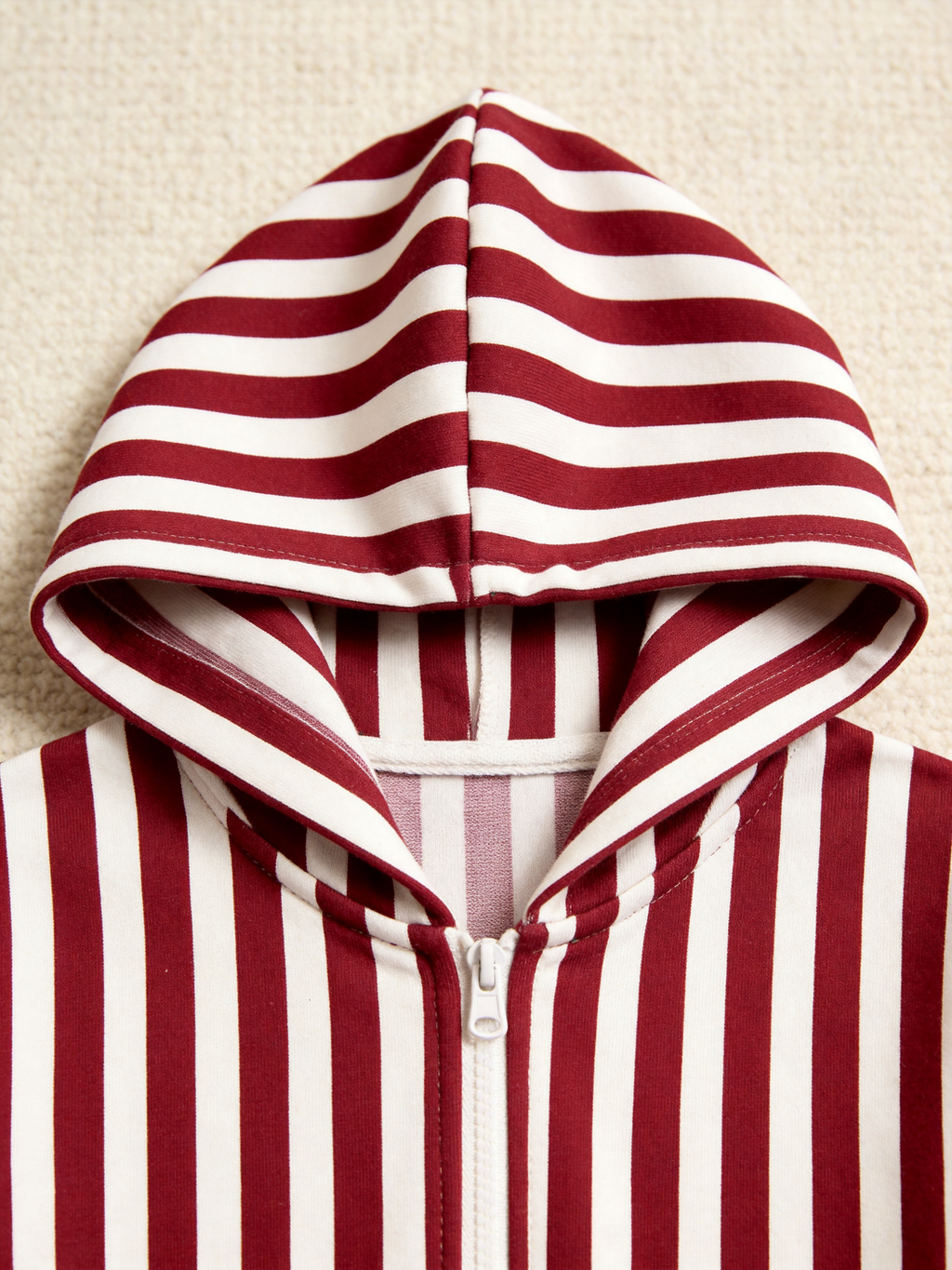 Burgundy & White Candy Cane Stripe Christmas Women Hooded Onesie - Zip-Up Loungewear