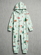 Mint Green Winter Village Skiing Holiday Hooded Jumpsuit Pajamas