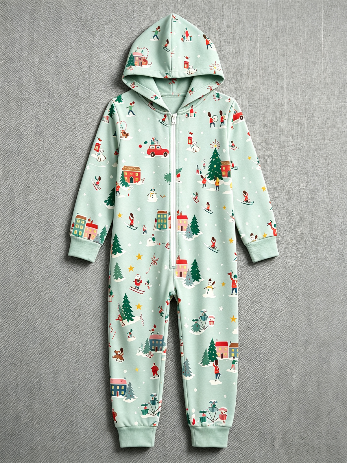 Mint Green Winter Village Skiing Holiday Hooded Jumpsuit Pajamas
