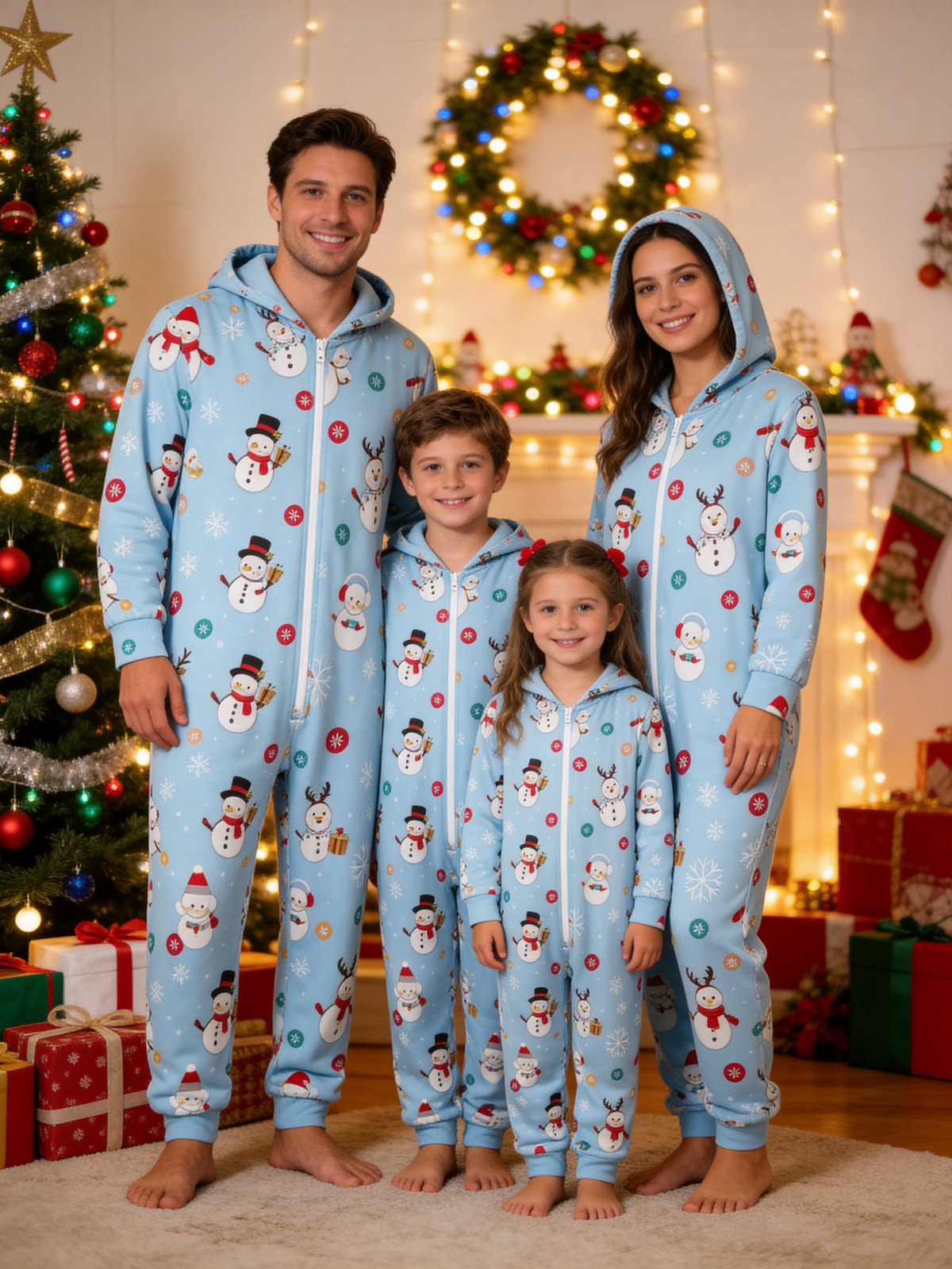 Frosty Snowman Light Blue Hooded Christmas Jumpsuit Sleepwear