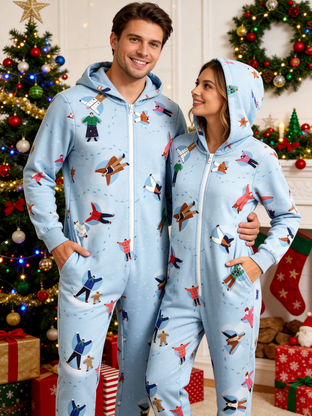 Snow Angel People Print Christmas Family Hooded Onesie - Zip-Up Loungewear