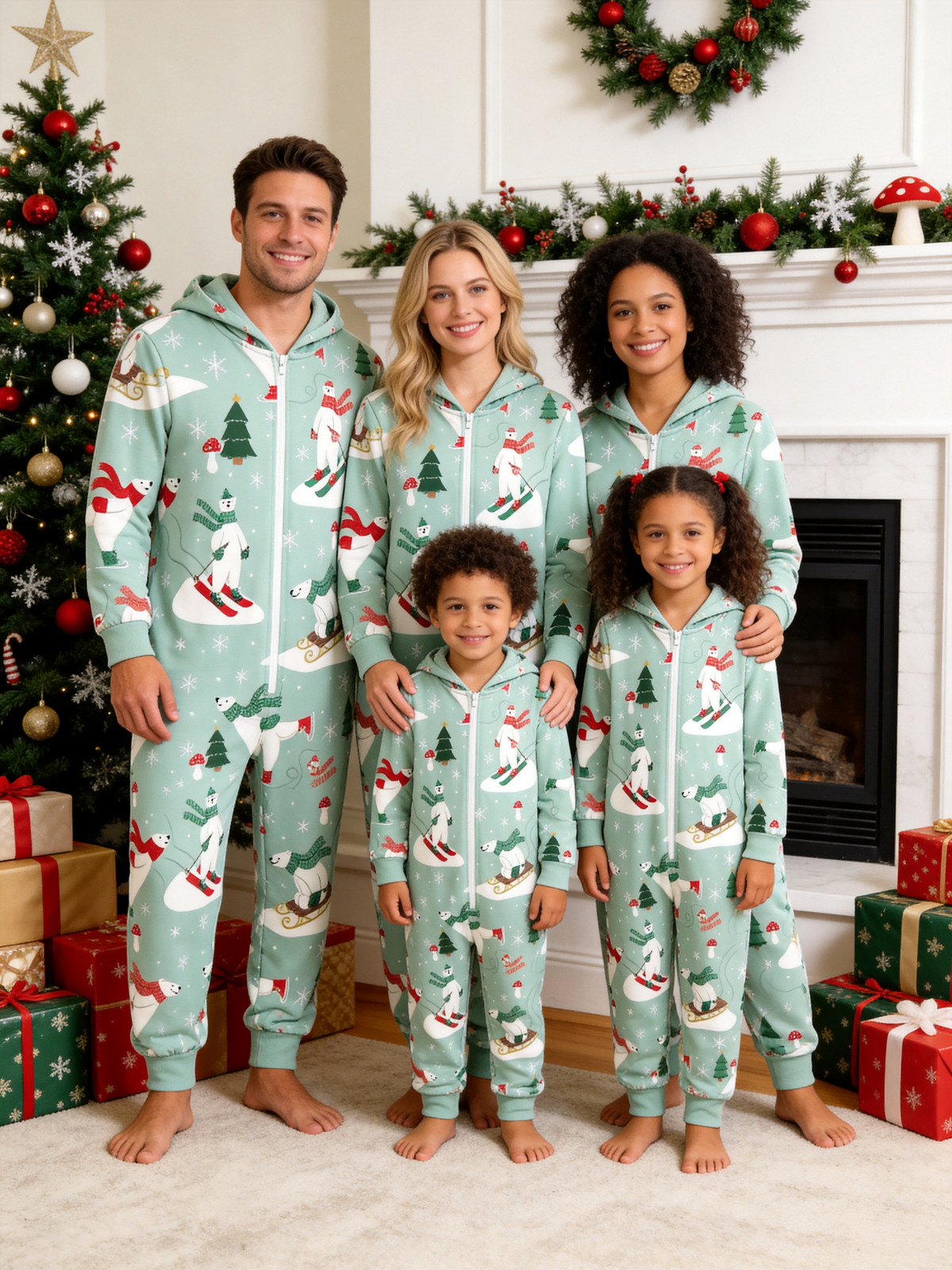 Skiing Polar Bear Mint Green Christmas Family Hooded Onesie - Zip-Up Loungewear