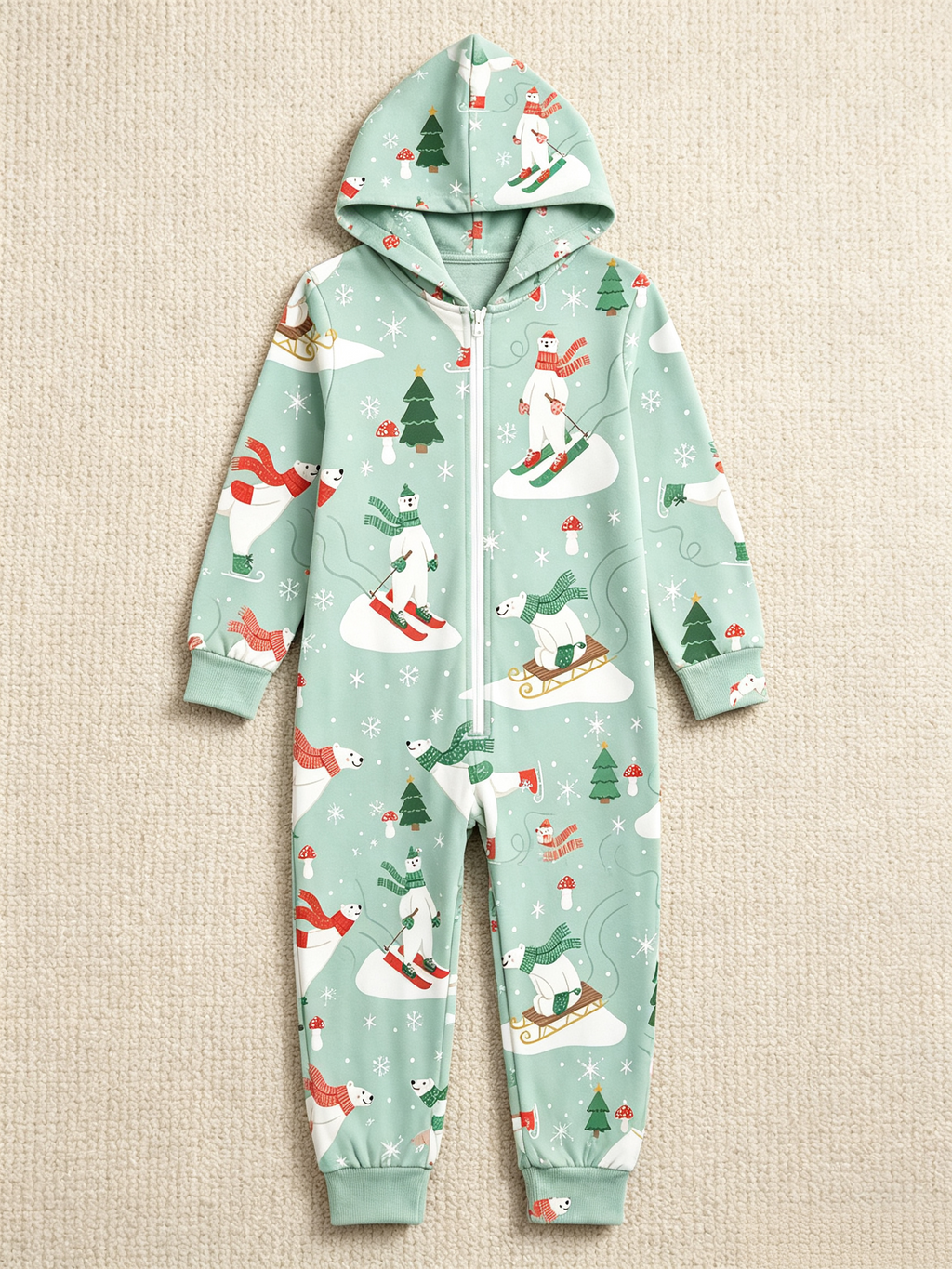 Skiing Polar Bear Mint Green Christmas Women Hooded Onesie - Zip-Up Loungewear