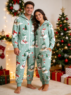 Skiing Polar Bear Mint Green Christmas Women Hooded Onesie - Zip-Up Loungewear
