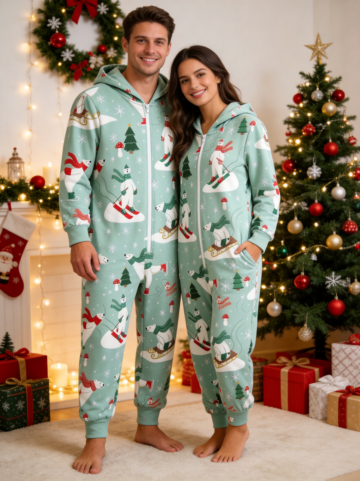 Skiing Polar Bear Mint Green Christmas Women Hooded Onesie - Zip-Up Loungewear